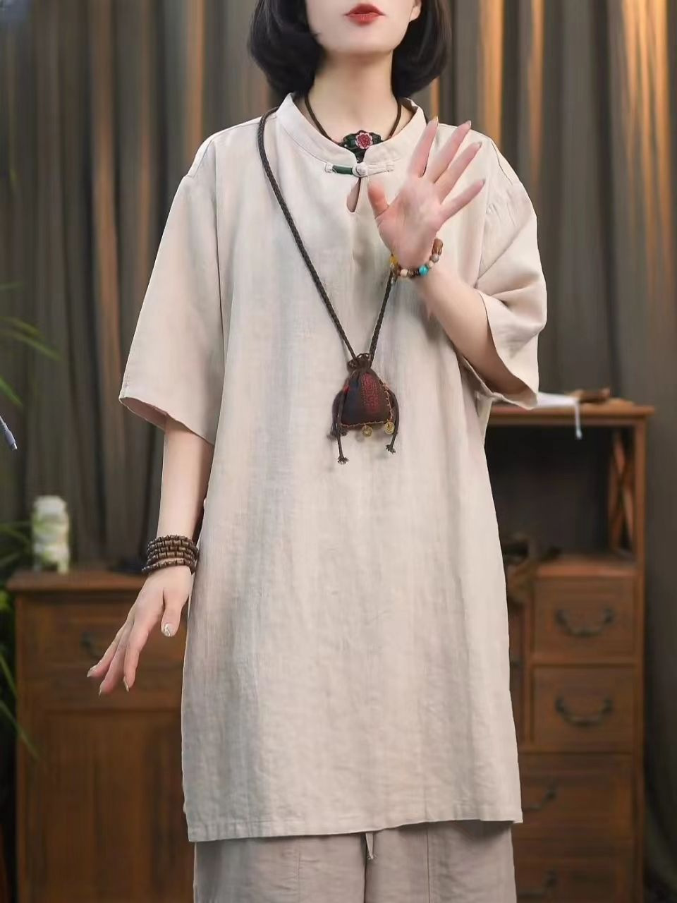 復古亞麻長款T